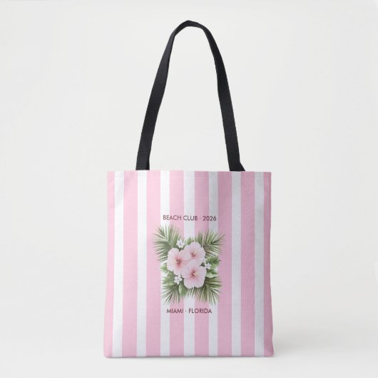 Coastal Chic Beach Club Pink Stripe Tropical Tote Bag (Voorkant)