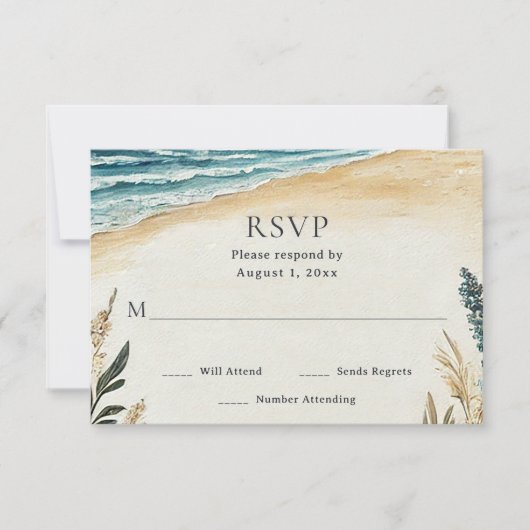 Coastal Chic Beach Waterverf bruiloft RSVP Kaartje (Voorkant)
