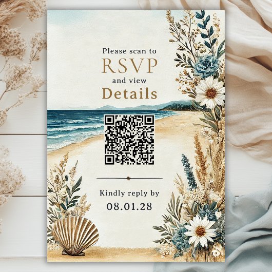 Coastal Chic Beach Wedding QR Code Details en RSVP Kaartje