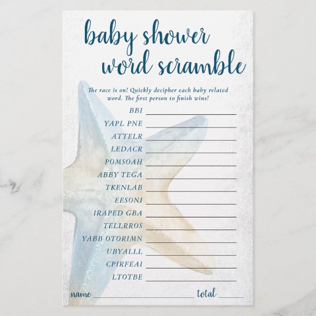 Coastal Chic | Blauw Starfish Word Scramble Game (Voorkant)