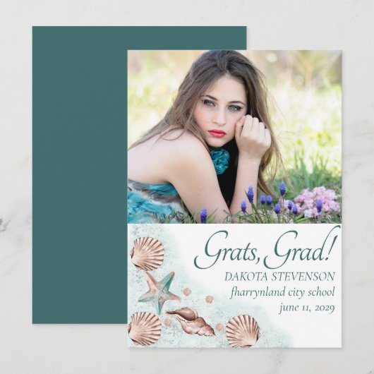 Coastal Chic | Blauwgroen en koraalrif Afstuderen  Aankondiging (Voorkant / Achterkant)