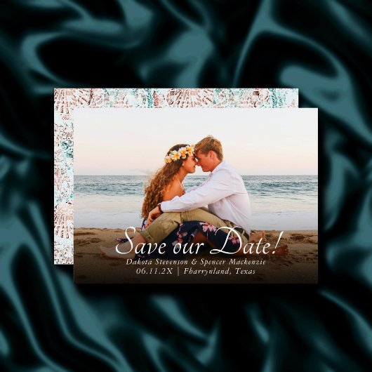 Coastal Chic | Blauwgroen en koraalrif Fotobruilof Save The Date