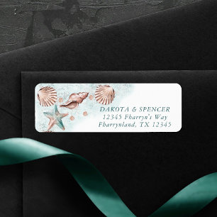 Coastal Chic Blauwgroen en koraalrif huwelijksad Etiket