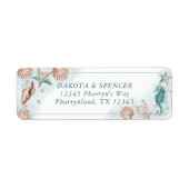 Coastal Chic | Blauwgroen en koraalrif huwelijksad Etiket (Voorkant)