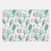Coastal Chic | Blauwgroen en koraalrif pasteelpatr Inpakpapier Vel (Voorkant)