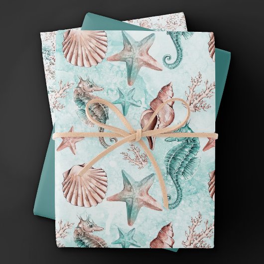 Coastal Chic | Blauwgroen en koraalrif pasteelpatr Inpakpapier Vel