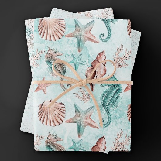 Coastal Chic | Blauwgroen en koraalrif pasteelpatr Inpakpapier Vel