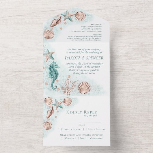 Coastal Chic | Blauwgroen en Roos goudhuwelijk All In One Uitnodiging (Binnen)