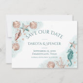 Coastal Chic | Blauwgroen groen- en koraalrif-huwe Save The Date (Voorkant)