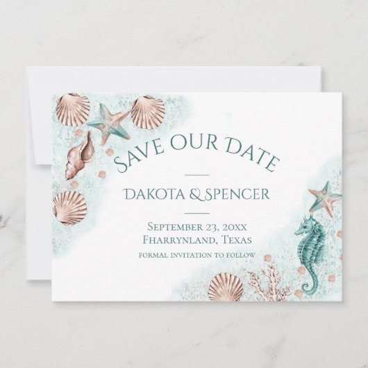 Coastal Chic | Blauwgroen groen- en koraalrif-huwe Save The Date (Voorkant)