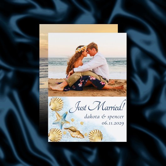 Coastal Chic | Blue Gold Coral Reef Photo Weddensc Aankondiging