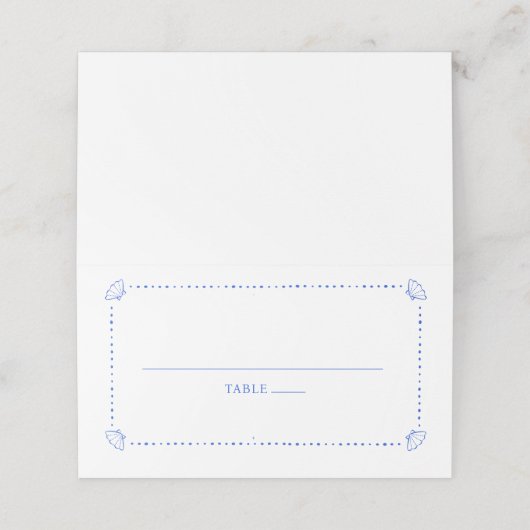 Coastal Chic Blue Minimalist Seashell Wedding Plaatskaartje (Buitenkant ongevouwen)