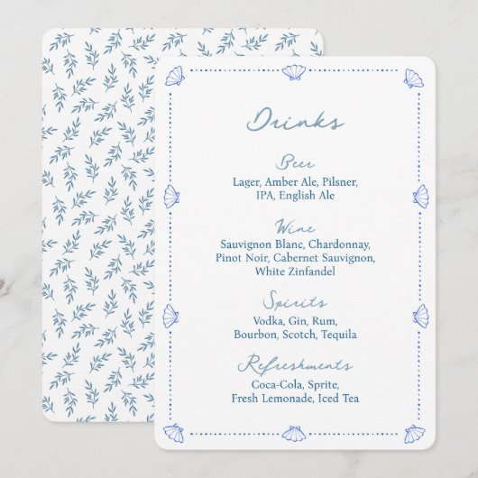 Coastal Chic Blue Nautical Wedding Bar Menu Sign (Voorkant / Achterkant)