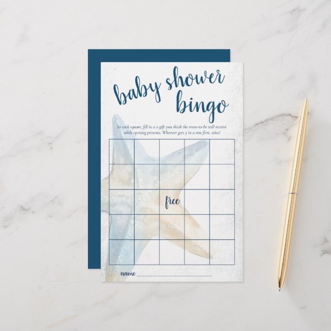 Coastal Chic | Blue Starfish Bingo Shower Game (Voorkant / Achterkant in situ)