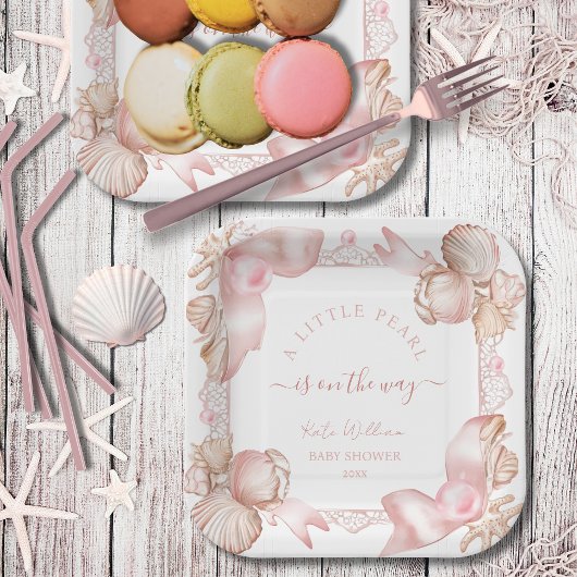 Coastal chic blush roze parel Baby shower Papieren Bordje