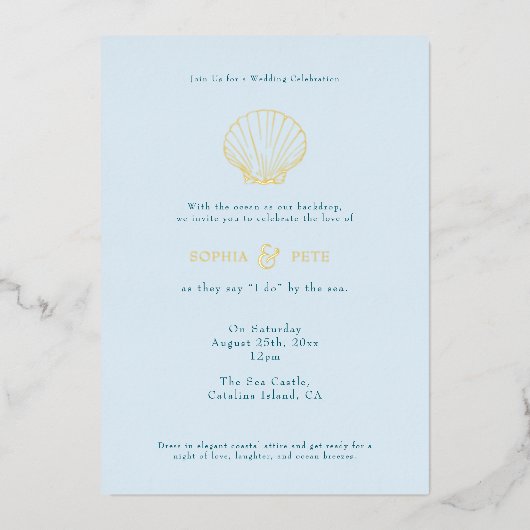 Coastal Chic Folie bruiloft Nodig Blauw Folie Uitnodiging (Voorkant)