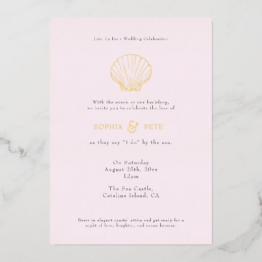 Coastal Chic Folie Wedding Nodig Blush Folie Uitnodiging (Voorkant)