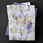 Coastal Chic | Fun. Paars en groen onder het Zee Inpakpapier Vel<br><div class="desc">De witte lavendel paars en kalkgroen met de hand geverfde nautische waterverf "onder het zee" strandontwerp brengt een moderne draai naar een oud thema. Het collectie bevat seizoenshellen, zeesterren, zeepaardjes en koraalrif in het complimenteren van diepe paarse en groene tinten met een spatten van paars voor een watereffect. Voor andere...</div>