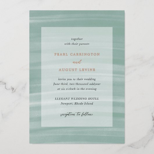 Coastal Chic gedempt groen elegante bruiloft Folie Uitnodiging (Voorkant)