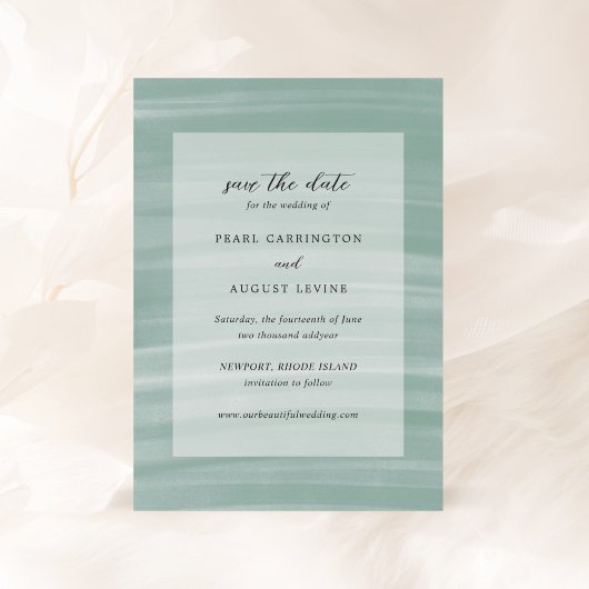 Coastal Chic gedempt groen elegante bruiloft Save The Date