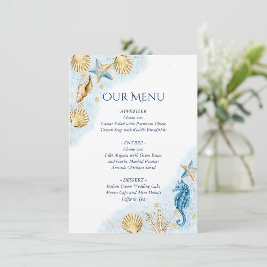 Coastal Chic | Modern koraalrif bruiloft Menu (Staand voorkant)