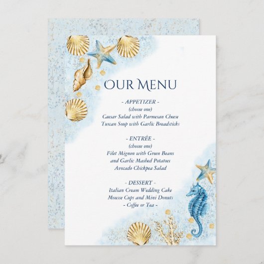 Coastal Chic | Modern koraalrif bruiloft Menu (Voorkant / Achterkant)
