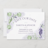 Coastal Chic | Paars en groen huwelijk Save The Date (Voorkant)