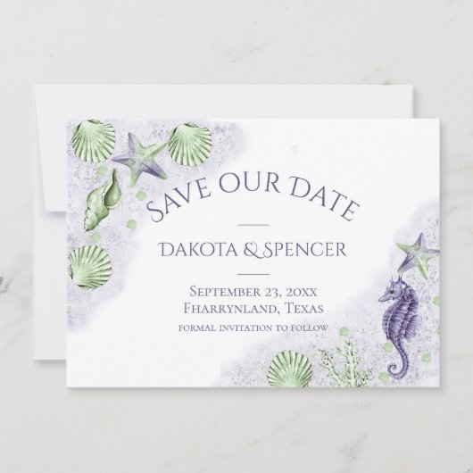 Coastal Chic | Paars en groen huwelijk Save The Date (Voorkant)
