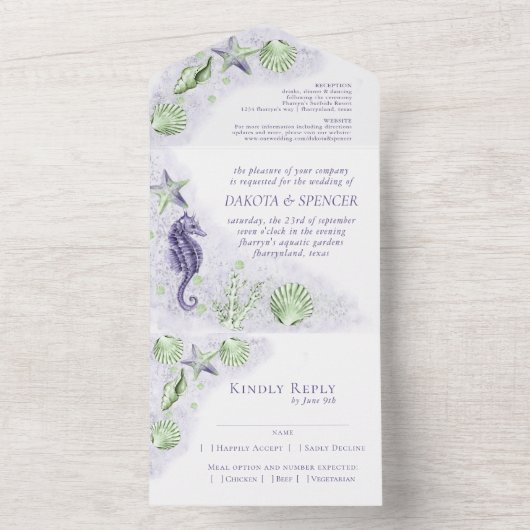 Coastal Chic | Paars en groen koraalrif weddenscha All In One Uitnodiging (Binnen)