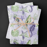 Coastal Chic | Paars en groen onder het Zee Inpakpapier Vel<br><div class="desc">De witte lavendel paars en kalkgroen met de hand geverfde nautische waterverf "onder het zee" strandontwerp brengt een moderne draai naar een oud thema. Het collectie bevat seizoenshellen, zeesterren, zeepaardjes en koraalrif in het complimenteren van diepe paarse en groene tinten met een spatten van paars voor een watereffect. Voor andere...</div>