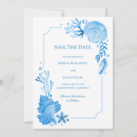 Coastal Chic Seaside Blue Seashells & Starfish Save The Date (Voorkant)
