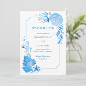 Coastal Chic Seaside Blue Seashells & Starfish Save The Date (Staand voorkant)