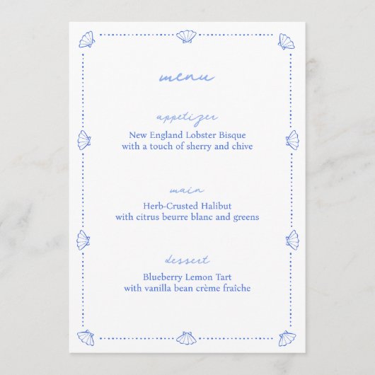 Coastal Chic Shell Border Blauw en Wit Trouwen Menu (Voorkant)