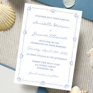 Coastal Chic Shell Border Elegant Blauw Huwelijk Kaart