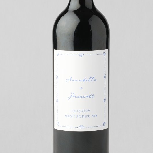 Coastal Chic Shell Border Elegant Blauw Huwelijk Wijn Etiket