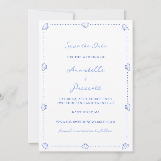 Coastal Chic Shell Border Geen foto Blauwe bruilof Save The Date (Voorkant)