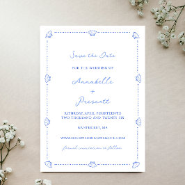 Coastal Chic Shell Border Geen foto Blauwe bruilof Save The Date