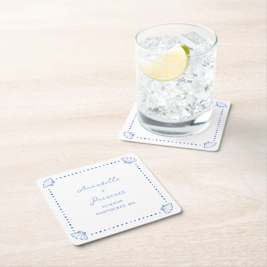 Coastal Chic Shell Border Gepersonaliseerde bruilo Kartonnen Onderzetters (Insitu)