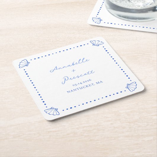 Coastal Chic Shell Border Gepersonaliseerde bruilo Kartonnen Onderzetters (Schuin)