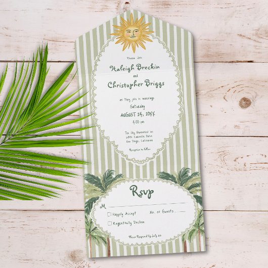 Coastal Chic Sun Palm Tree Wedding All In One Uitnodiging