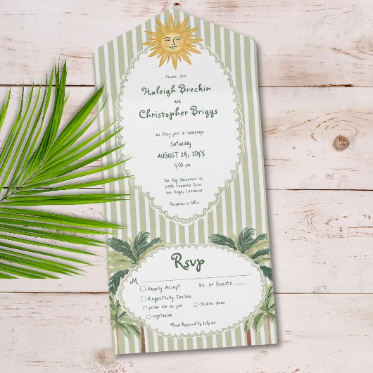 Coastal Chic Sun Palm Tree Wedding Dinner All In One Uitnodiging