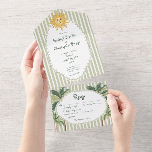 Coastal Chic Sun Palm Tree Wedding Dinner All In One Uitnodiging (Afscheurbaar)