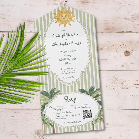 Coastal Chic Sun Palm Tree Wedding QR Code All In One Uitnodiging
