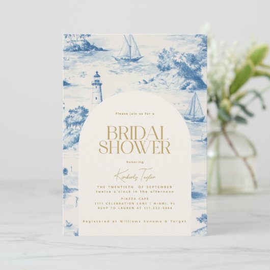 Coastal Chic Toile de Jouy Vrijgezellenfeest Kaart (Staand voorkant)