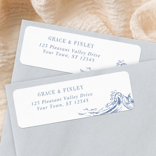 Coastal Chic Waves Blue Wedding Return Address Etiket