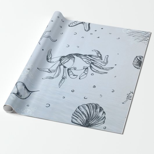 Coastal Christmas Beach Zee Creatures Blue Cadeaupapier (Uitgerold)