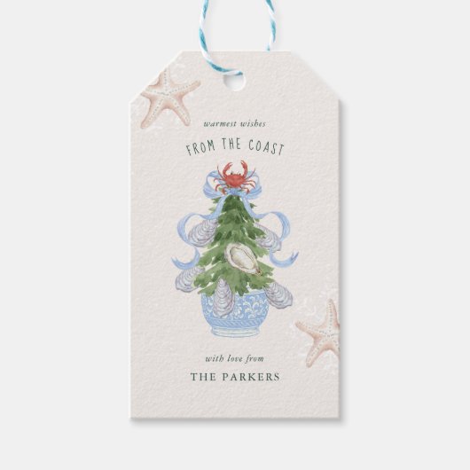 Coastal Christmas Blue Bow Chinoiserie Cadeaulabel (Voorkant)
