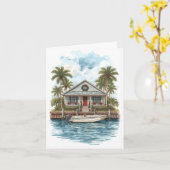 Coastal Christmas Cottage – Tropical Greeting Card Kaart (Gele Bloem)