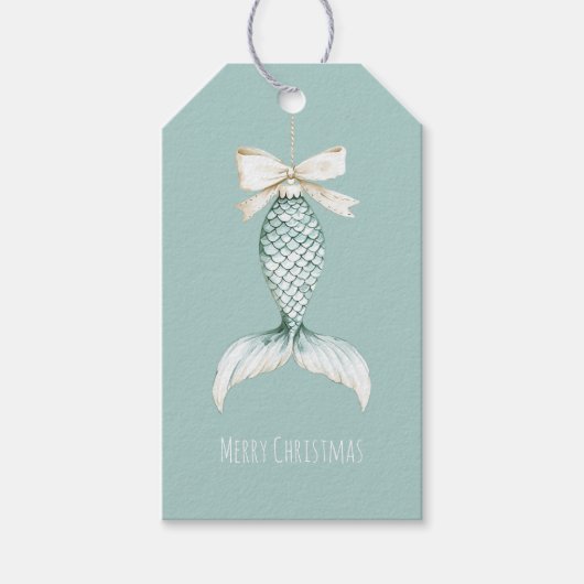 Coastal Christmas Mermaid Bow Blue Beach Ocean   Cadeaulabel (Voorkant)