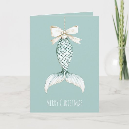 Coastal Christmas Mermaid Bow Blue Beach Ocean   Kaart (Voorkant)